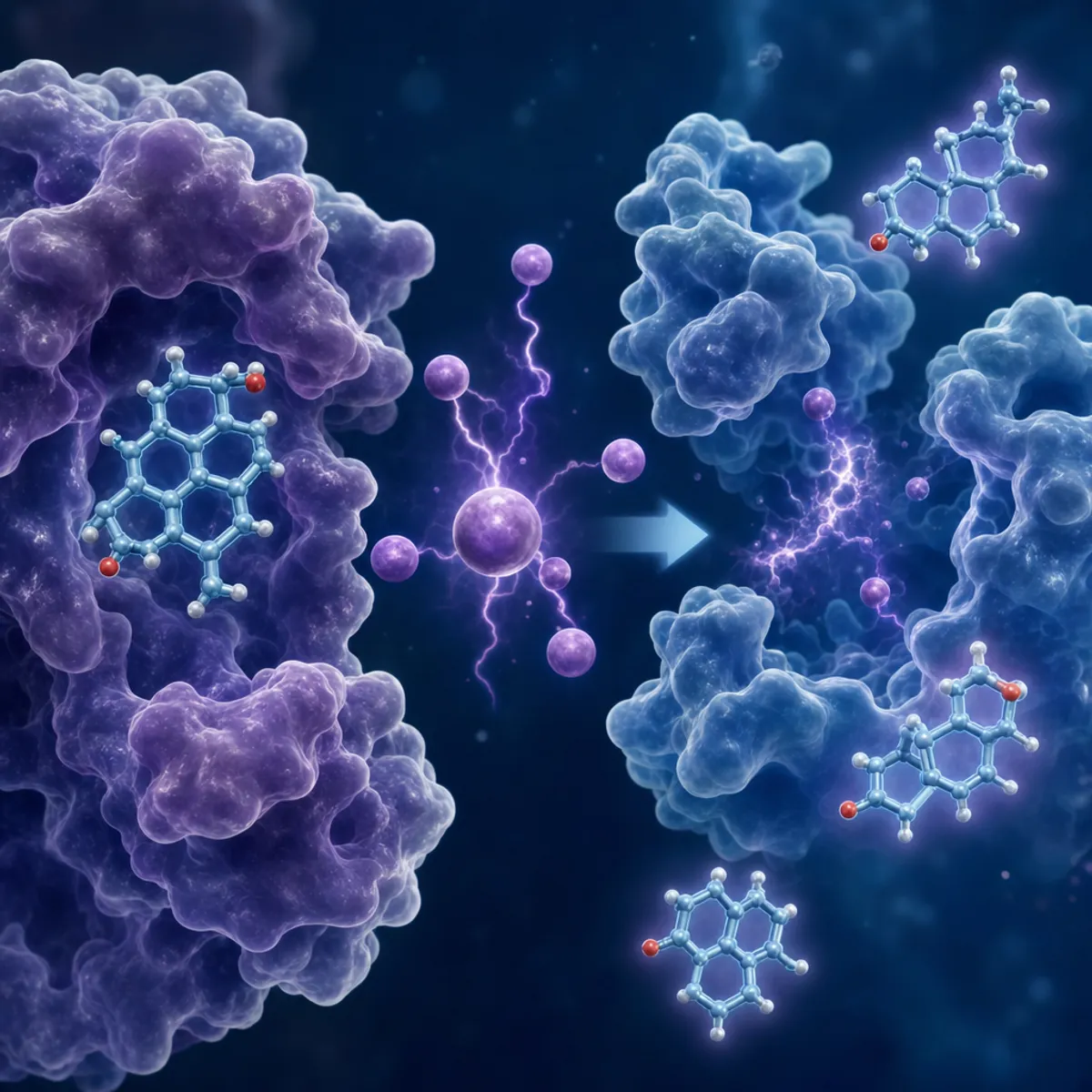 Scientific illustration showing magnesium ions interacting with testosterone and sex hormone-binding globulin (SHBG) at a molecular level. Show magnesium weakening the binding between testosterone molecules and SHBG protein structures, with free testosterone molecules being released. Use a clean, modern biochemical diagram style with blue and purple color scheme, depicting the molecular interaction in 3D space. Focus on the separation process showing bound versus free testosterone.
