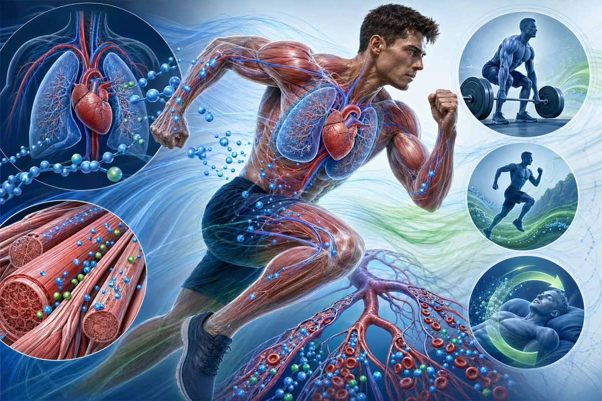 Scientific illustration showing athletic performance enhancement, featuring a muscular figure in dynamic training position with overlaid visual elements representing increased VO2max and aerobic capacity. Include anatomical details of muscle fibers, oxygen molecules flowing through the cardiovascular system, and abstract representations of strength gains and recovery. Clean medical diagram style with anatomical accuracy, energy and movement suggested through flowing lines, professional blue and green color palette suggesting performance and vitality