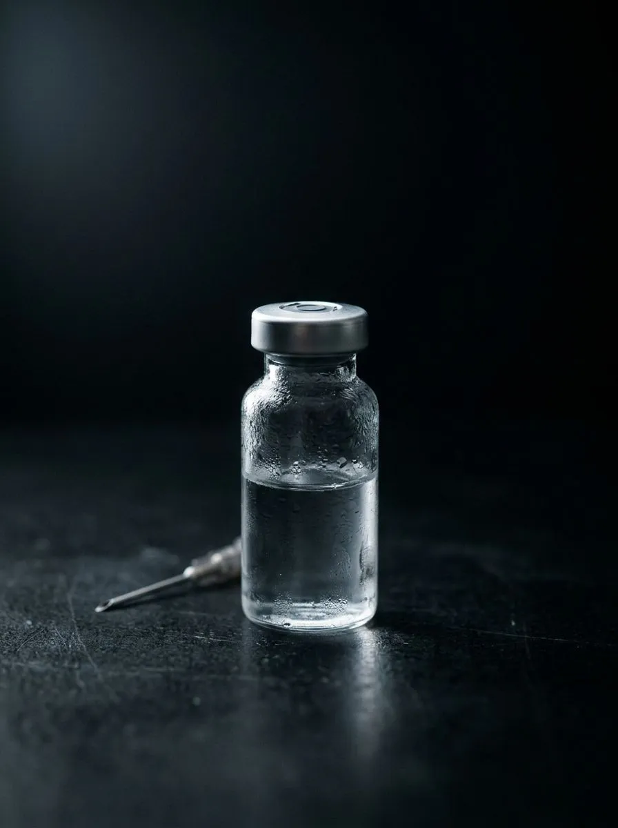 Vial of BPC-157 peptide on a matte black surface