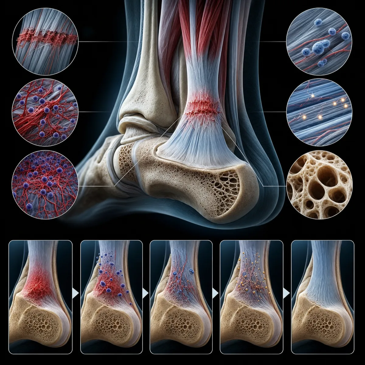Detailed medical illustration of tendon and ligament healing process, showing cross-section of Achilles tendon with fiber reconnection, collagen fiber alignment, callus formation in bone tissue, inflammatory response reduction, and growth factor activity, anatomical diagram style with red and blue highlighting repair zones