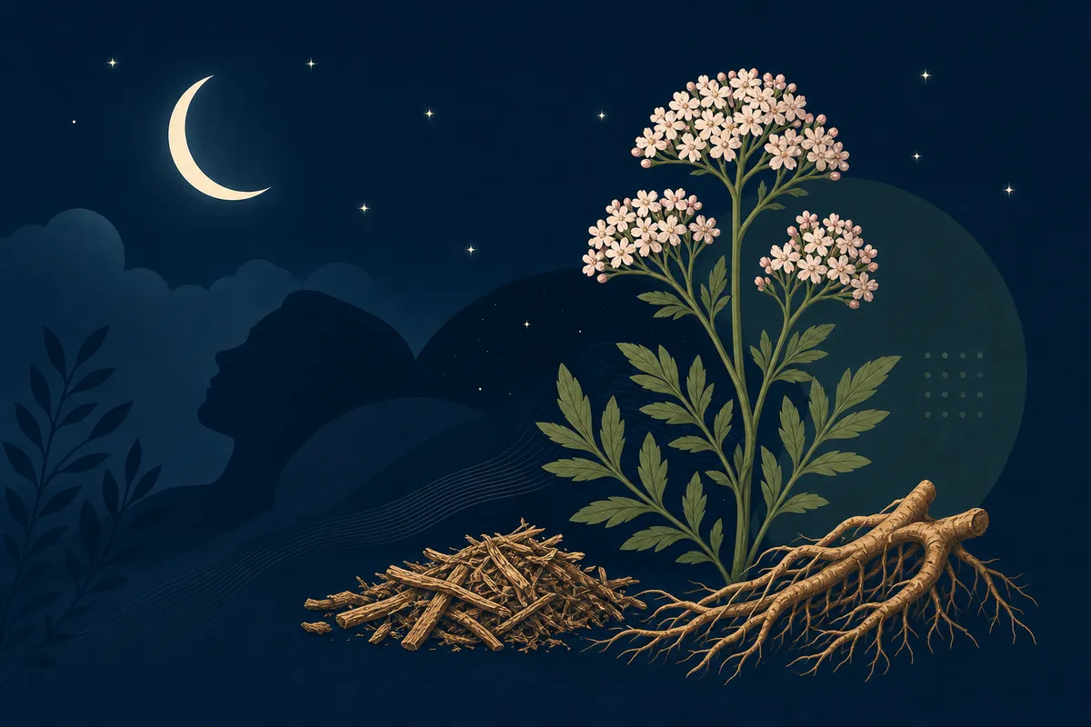 A clean, modern editorial illustration of valerian root (Valeriana officinalis) with its dried root and small pink-white flowers, set against a calm nighttime sleep theme with soft moon and stars. Muted, science-forward color palette (deep blues, sage green, warm cream). Minimalist flat vector style suitable for a health and biohacking blog header illustration. No text.