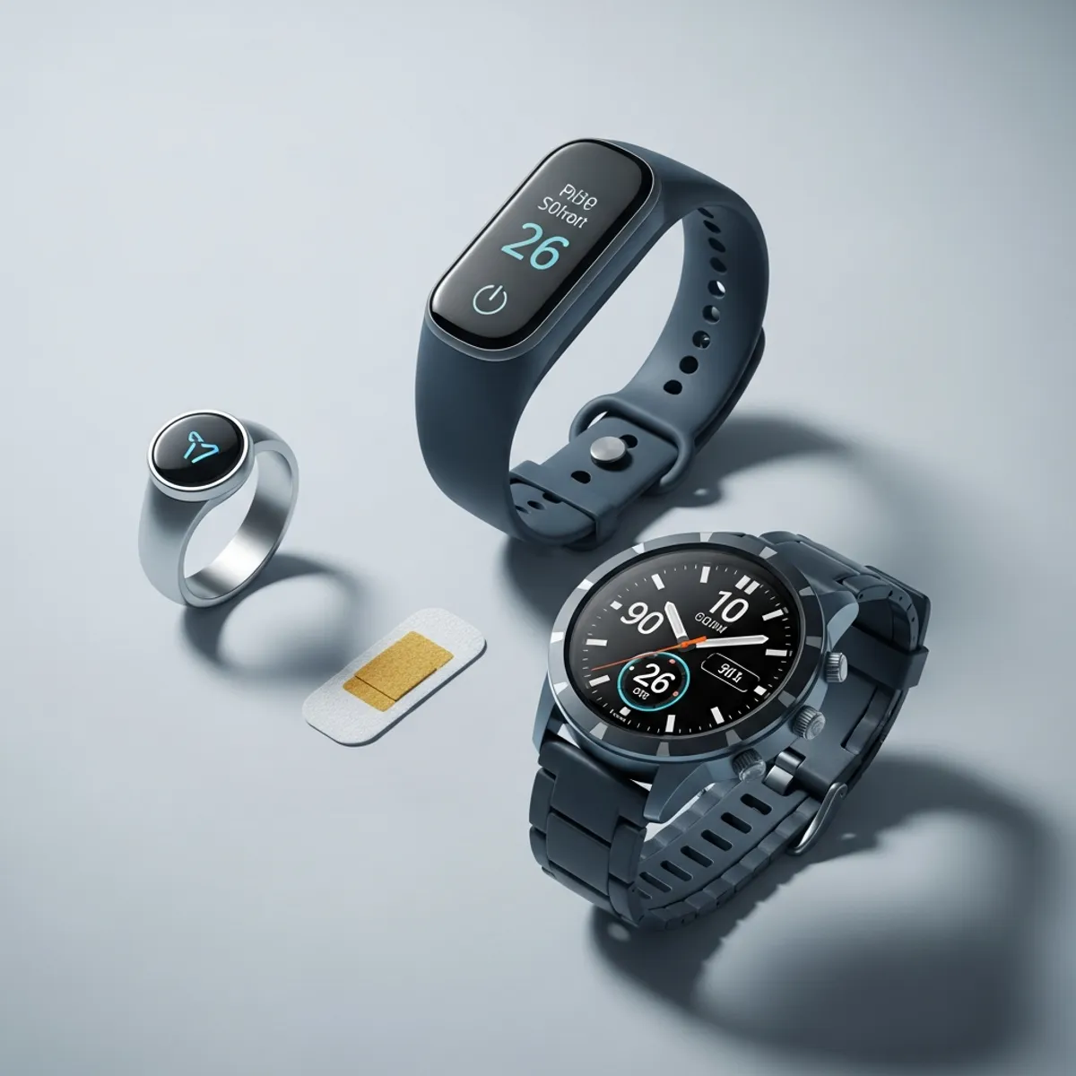 A clean, modern flat lay composition showing multiple biohacking wearables arranged on a minimal surface: a sleek smart ring, a fitness tracking wristband, a continuous glucose monitor sensor patch, and a premium GPS sports watch. The devices are arranged in an organized, aesthetically pleasing layout with soft lighting, professional product photography style, tech lifestyle aesthetic, cool blue and titanium tones