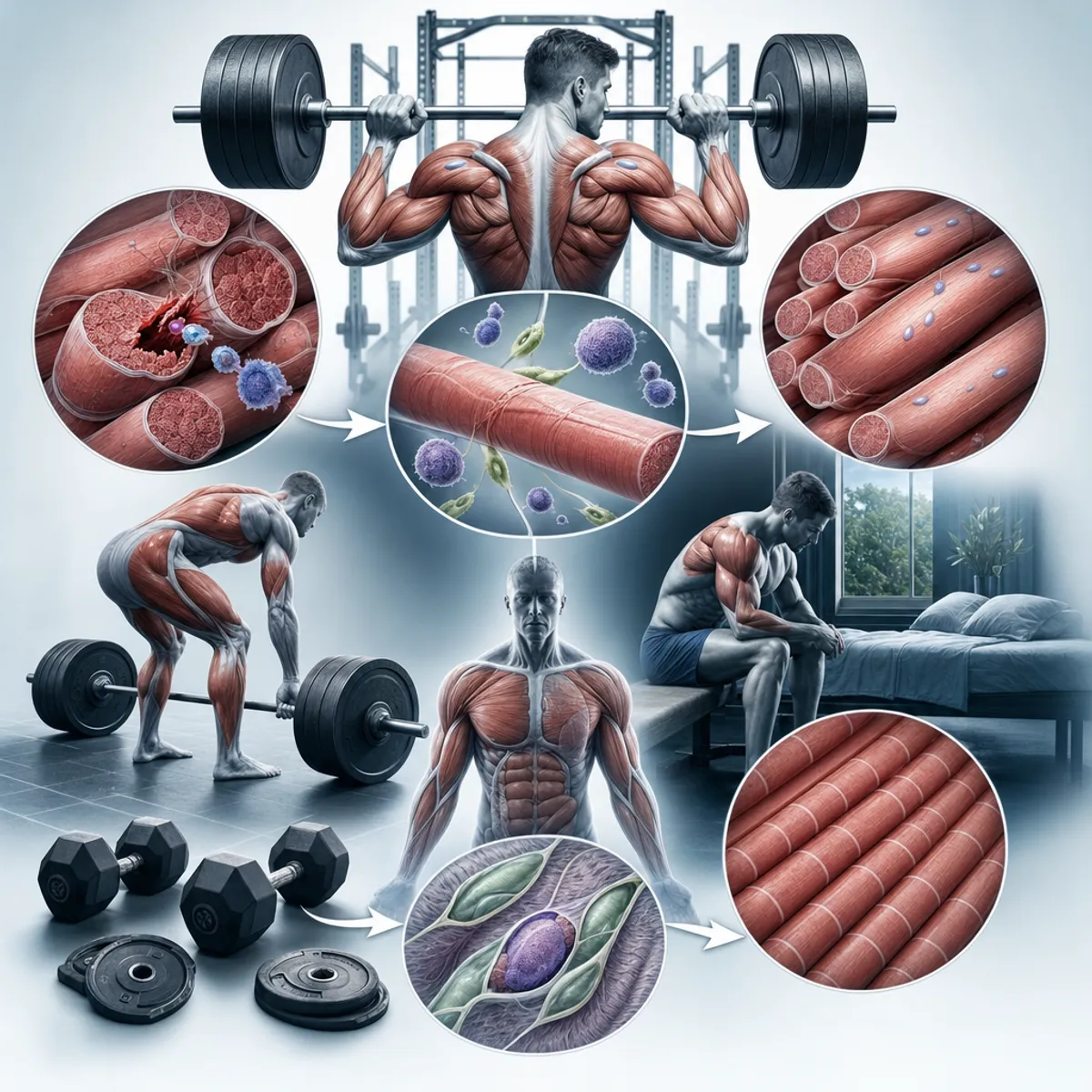 Scientific illustration of resistance training and muscle recovery process, showing muscular system with focus on muscle fibers, strength training equipment like barbell and dumbbells, cellular recovery mechanisms, clean medical diagram style with muted blues and greens, anatomical accuracy, professional fitness and exercise physiology visualization