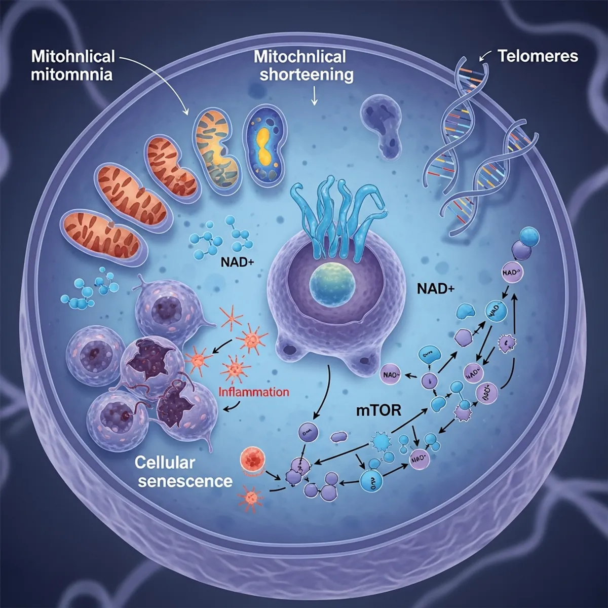 Scientific illustration of cellular aging mechanisms: mitochondria with declining function, DNA strands with telomeres shortening, cellular senescence with damaged cells, NAD+ molecules, inflammation markers, and mTOR pathway signaling. Modern medical diagram style with blues, purples, and cellular structures in cross-section view. Clean, educational, research-focused aesthetic.