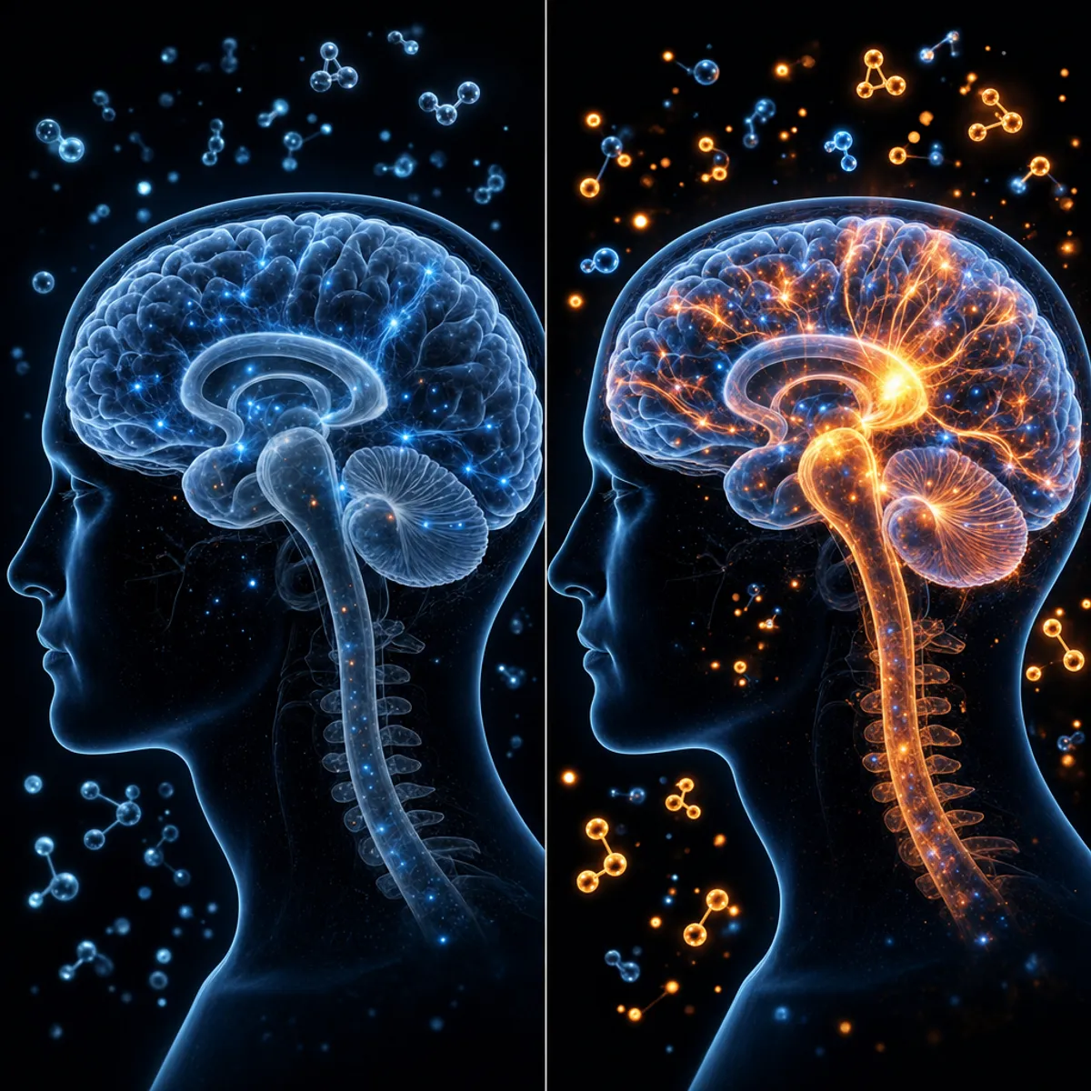 Split-screen scientific visualization of brain activity: left side shows a brain with moderate neural activity patterns in blue, right side shows the same brain with enhanced neural connections and bright energy patterns in blue and orange, representing improved cognitive performance from supplement combination, clean medical illustration style, cross-section sagittal view, ATP molecules and neurotransmitters visible as glowing particles