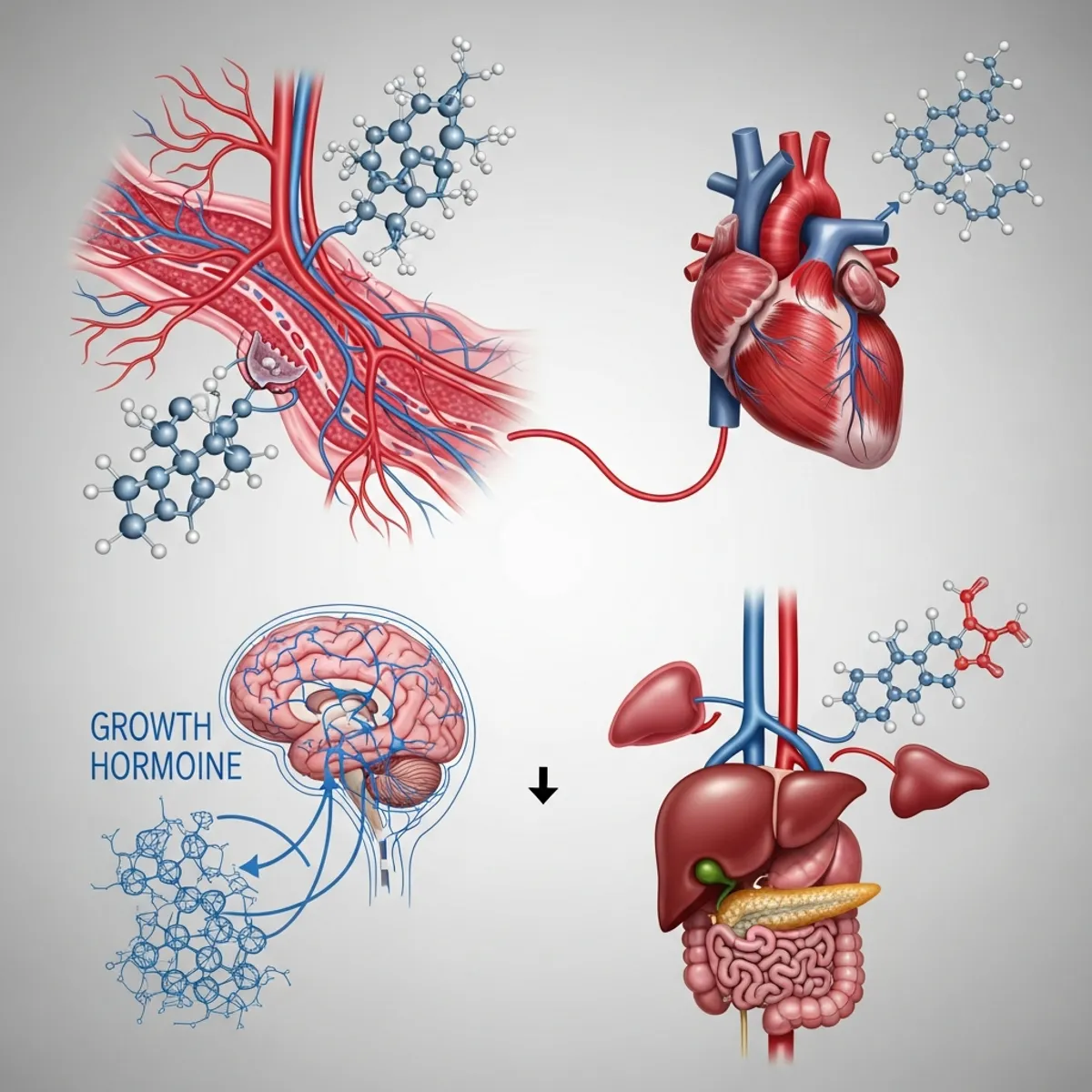 Scientific illustration showing four distinct peptide molecules with different structural representations, each connected to different biological systems in the human body: one peptide connected to healing tissue and blood vessels (angiogenesis), another to cardiac muscle and wound repair, a third to growth hormone pathways in the brain, and a fourth to metabolic regulation. Clean, modern medical illustration style with a neutral background, precise molecular structures, and anatomical accuracy.