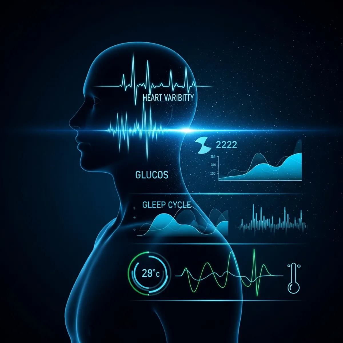 A clean, scientific illustration showing a human silhouette in profile with glowing biometric data visualization overlays: heart rate variability waveforms, sleep cycle graphs, glucose curves, and temperature readings. Modern medical tech aesthetic with blue and green data streams emanating from the body, minimalist style, dark background, professional health technology visualization