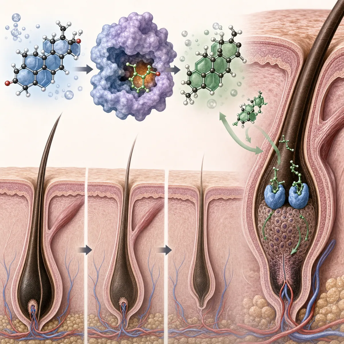 A detailed scientific illustration showing the DHT hair loss mechanism: testosterone molecule being converted by 5-alpha reductase enzyme into DHT molecule, then DHT binding to androgen receptors in a hair follicle cross-section, causing progressive follicle miniaturization across three stages from healthy thick hair to thin weakened hair. Clean medical diagram style with cellular detail, no text or labels.
