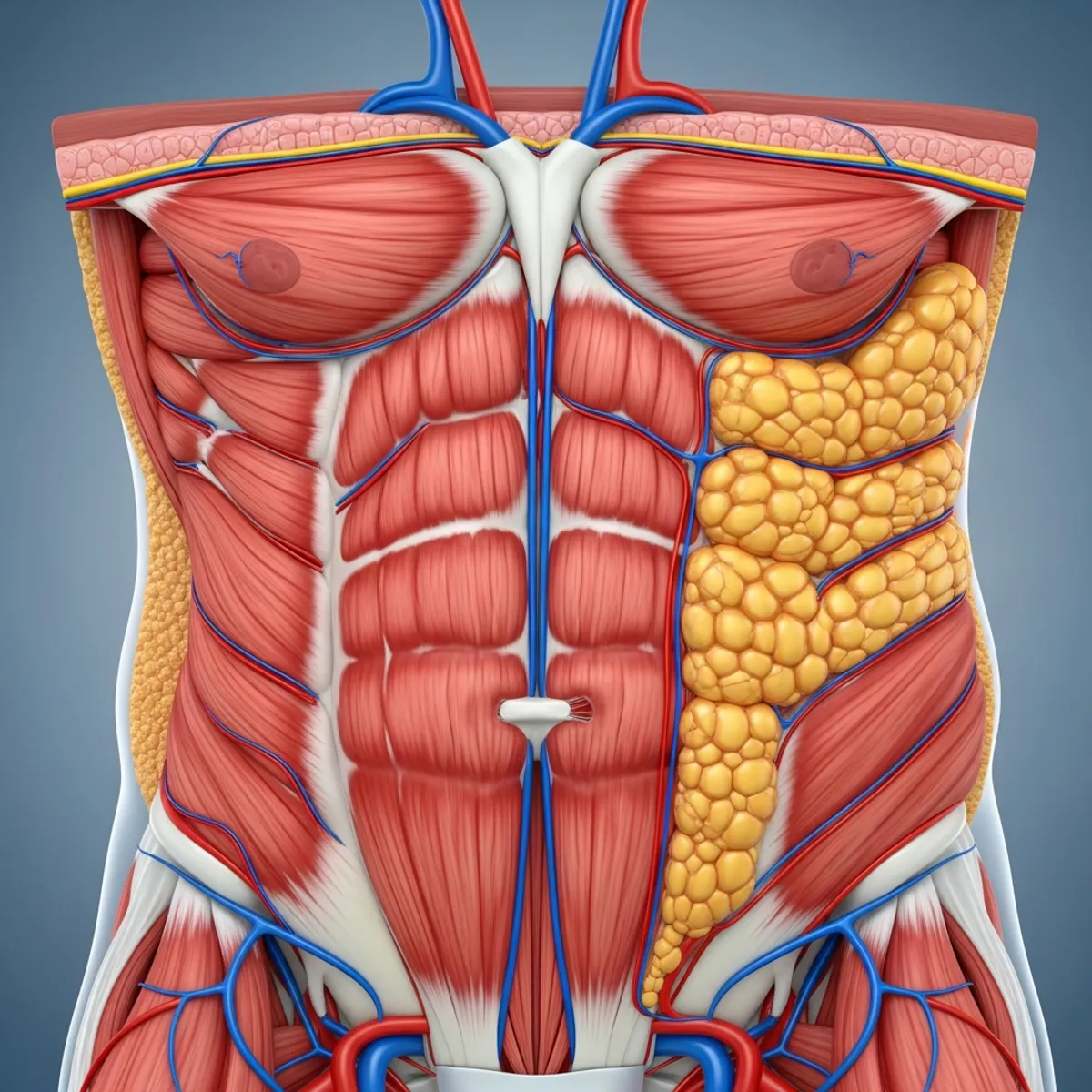 Medical illustration showing human body composition comparison, highlighting muscle tissue and fat tissue in cross-section view, anatomical style with visible muscle fibers and adipose tissue layers, scientific and educational aesthetic, clean blue and red tones representing different tissue types, side-by-side comparison showing body composition changes
