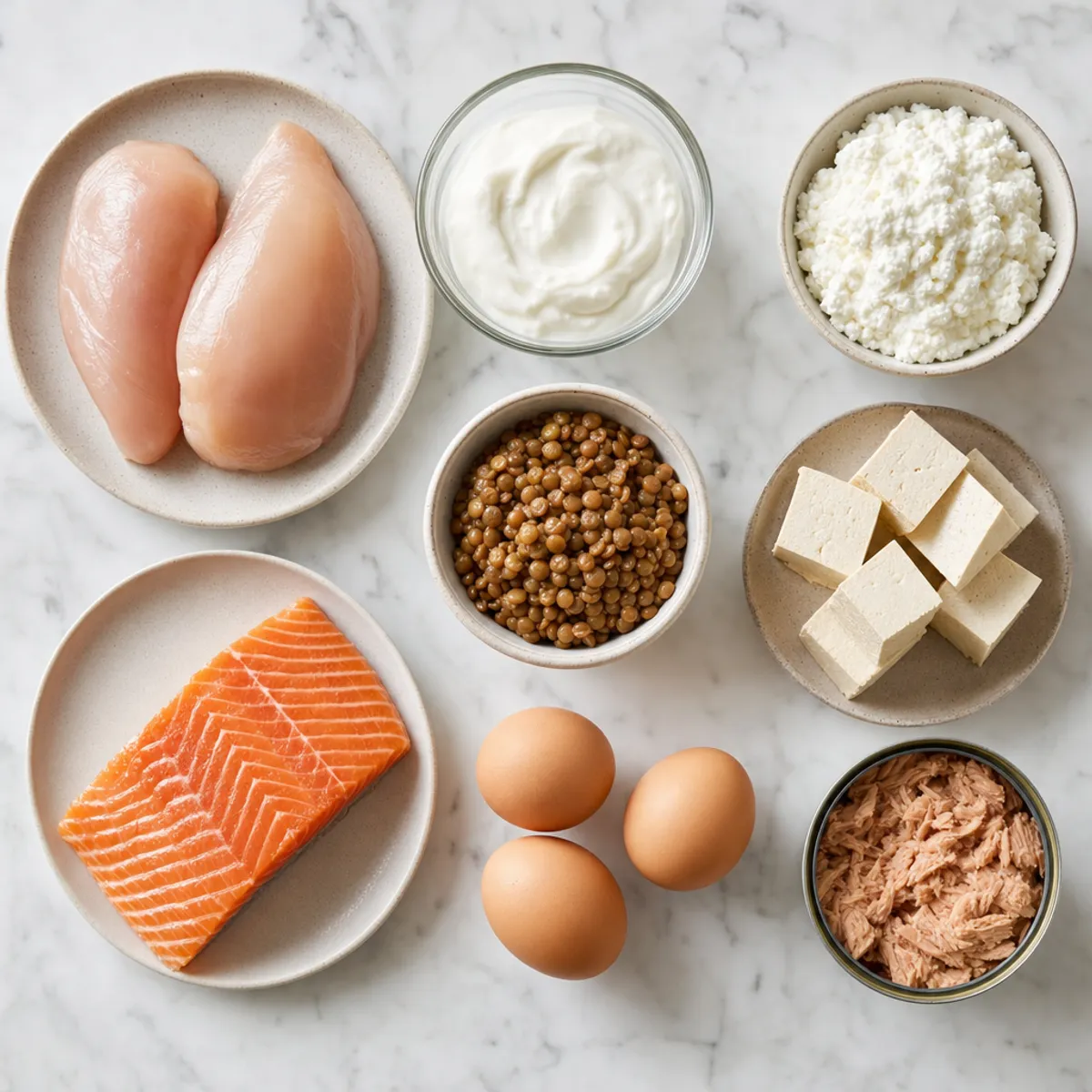 A clean, professional flat lay photograph of high-protein foods arranged on a white marble surface. Include raw chicken breast, salmon fillet, Greek yogurt in a glass bowl, cottage cheese, firm tofu blocks, cooked lentils in a small dish, eggs, and canned tuna. Natural lighting, overhead view, minimal styling, realistic food photography with sharp focus and vibrant colors.