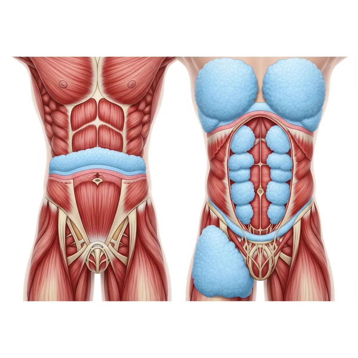 Medical illustration showing human body composition comparison, highlighting muscle tissue and fat tissue in cross-section view, anatomical style with visible muscle fibers and adipose tissue layers, scientific and educational aesthetic, clean blue and red tones representing different tissue types, side-by-side comparison showing body composition changes