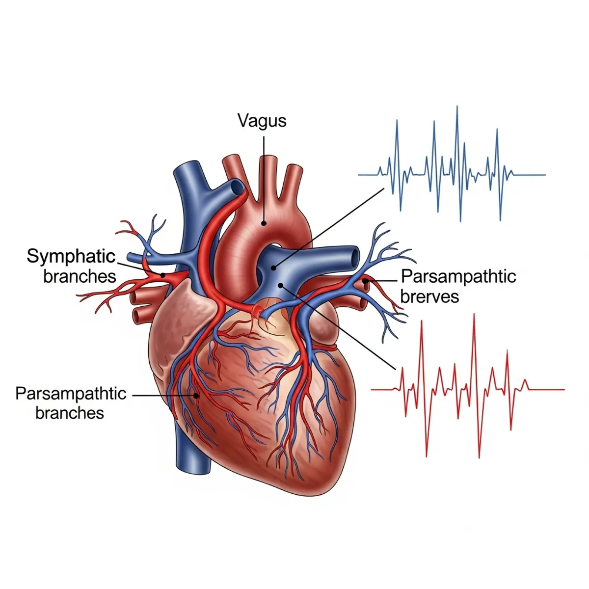 Medical illustration showing the autonomic nervous system's control of heart rhythm, featuring a detailed anatomical heart with the vagus nerve pathway highlighted, sympathetic and parasympathetic nerve branches in contrasting colors (red and blue), and visual representation of varying heartbeat intervals as a wave pattern showing beat-to-beat variation, clean scientific style, educational diagram