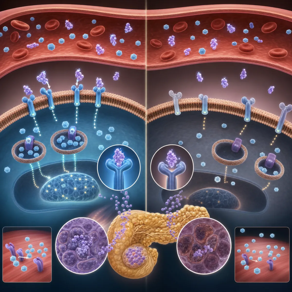 Medical illustration showing the metabolic process of insulin resistance at the cellular level. Depict insulin molecules approaching cell receptors, with some cells showing impaired receptor response. Include visual representation of glucose molecules in the bloodstream, pancreatic beta cells secreting insulin, and the contrast between normal insulin sensitivity versus insulin resistance. Scientific, clean aesthetic with accurate biological detail showing the mechanism of how insulin resistance develops before glucose elevation.