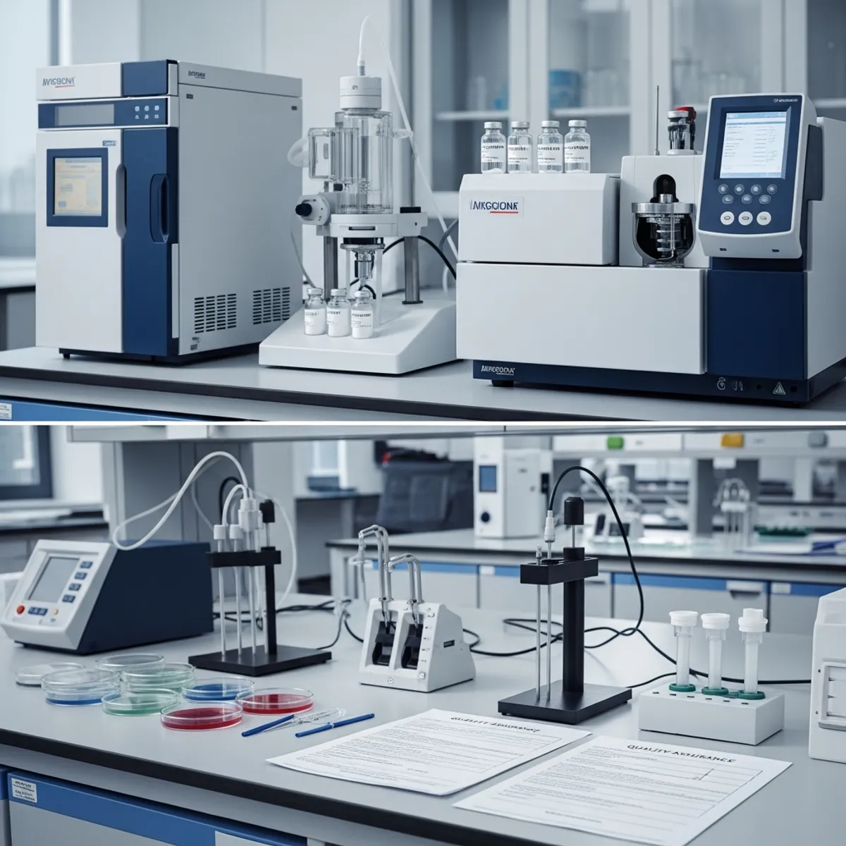 Scientific laboratory scene showing peptide quality control testing. Display analytical equipment including HPLC machine, mass spectrometer, and vials of lyophilized peptide powder on lab bench. Show contamination testing setup with petri dishes, testing apparatus, and quality assurance documentation. Clinical research laboratory environment with precise scientific instruments, sterile conditions, professional medical-grade equipment. Photorealistic style with sharp focus on testing equipment and sample vials. Clean, well-lit laboratory setting emphasizing precision and quality control processes.