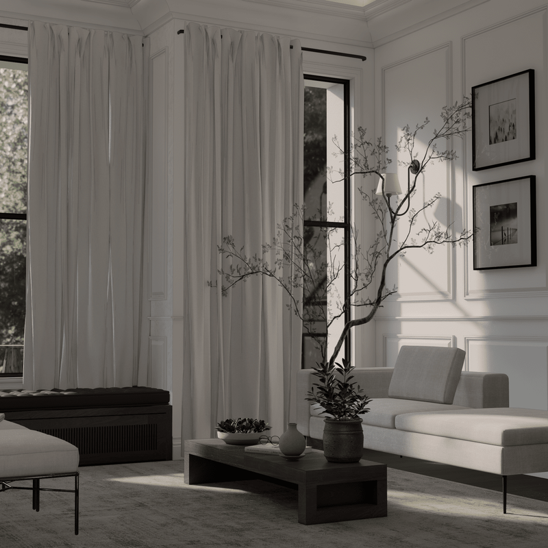 A living room with tall curtains and panelled walls, visualised before it is built