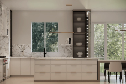 A kitchen island drawn with its walkways set out