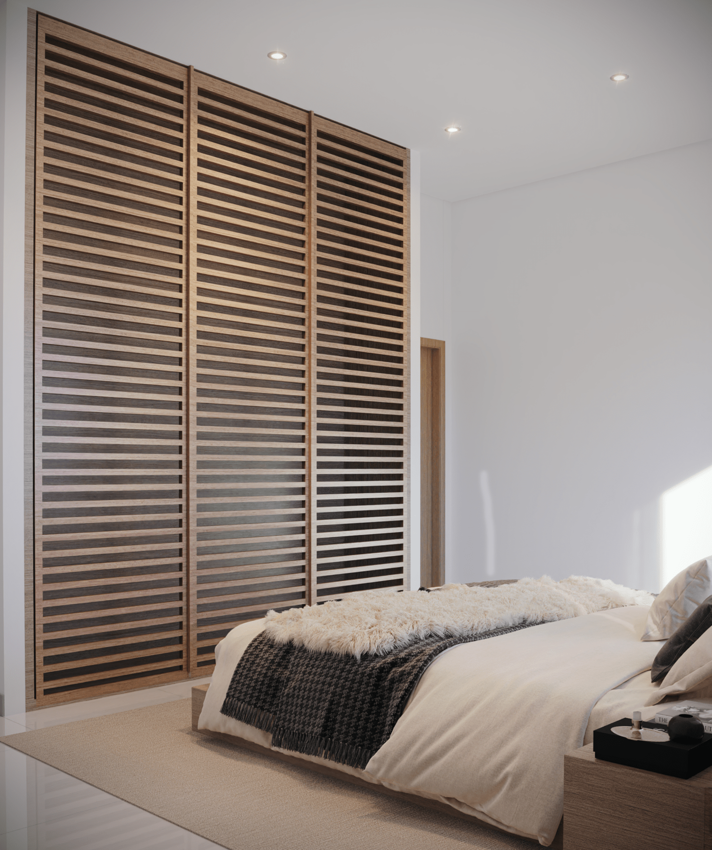 A bedroom in warm wood and slatted blinds, visualised