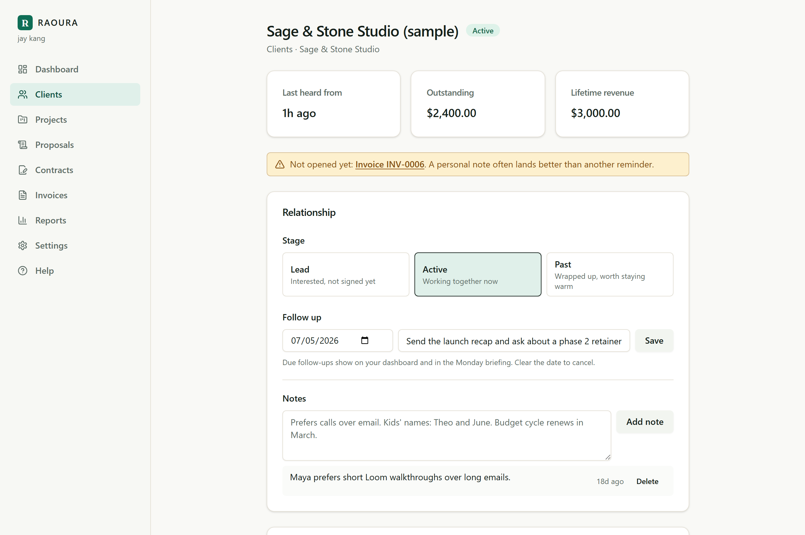 The client page with stage, follow-up, and notes