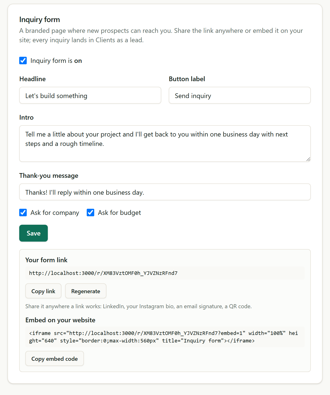 The inquiry form settings with your link and embed code