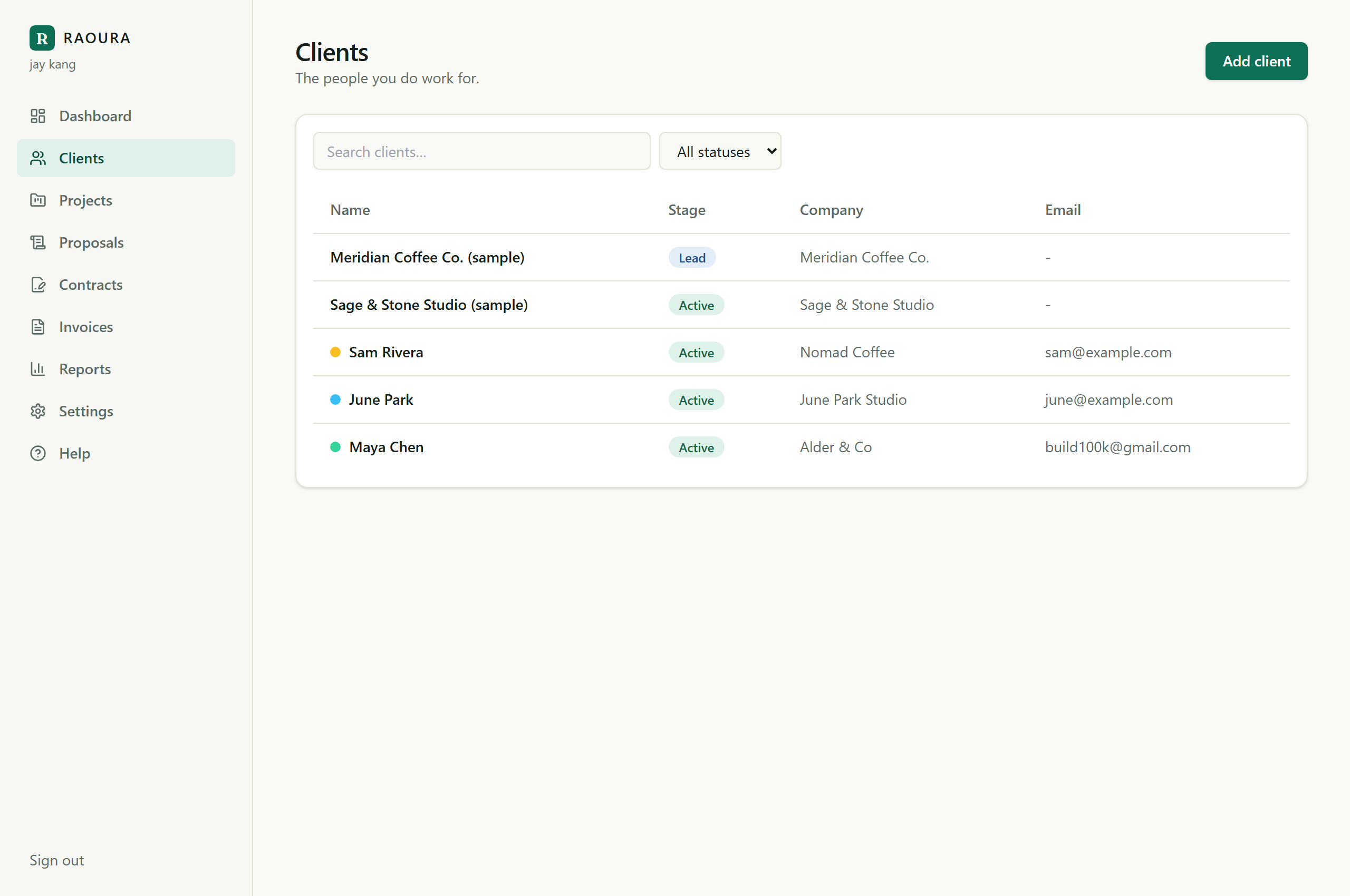 The clients list with color dots and stage labels