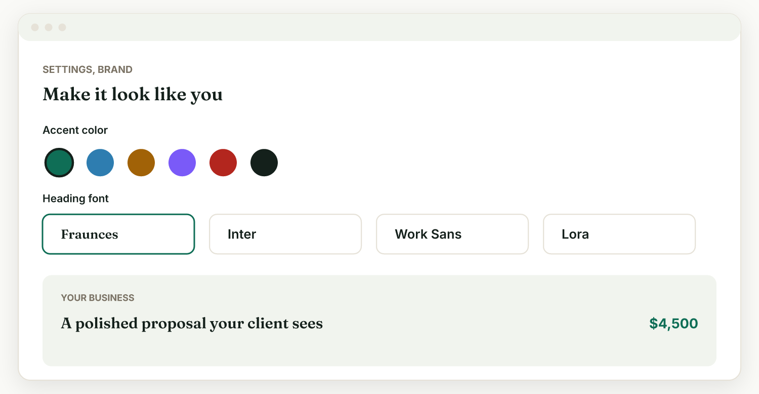Brand settings with color, font, and theme options