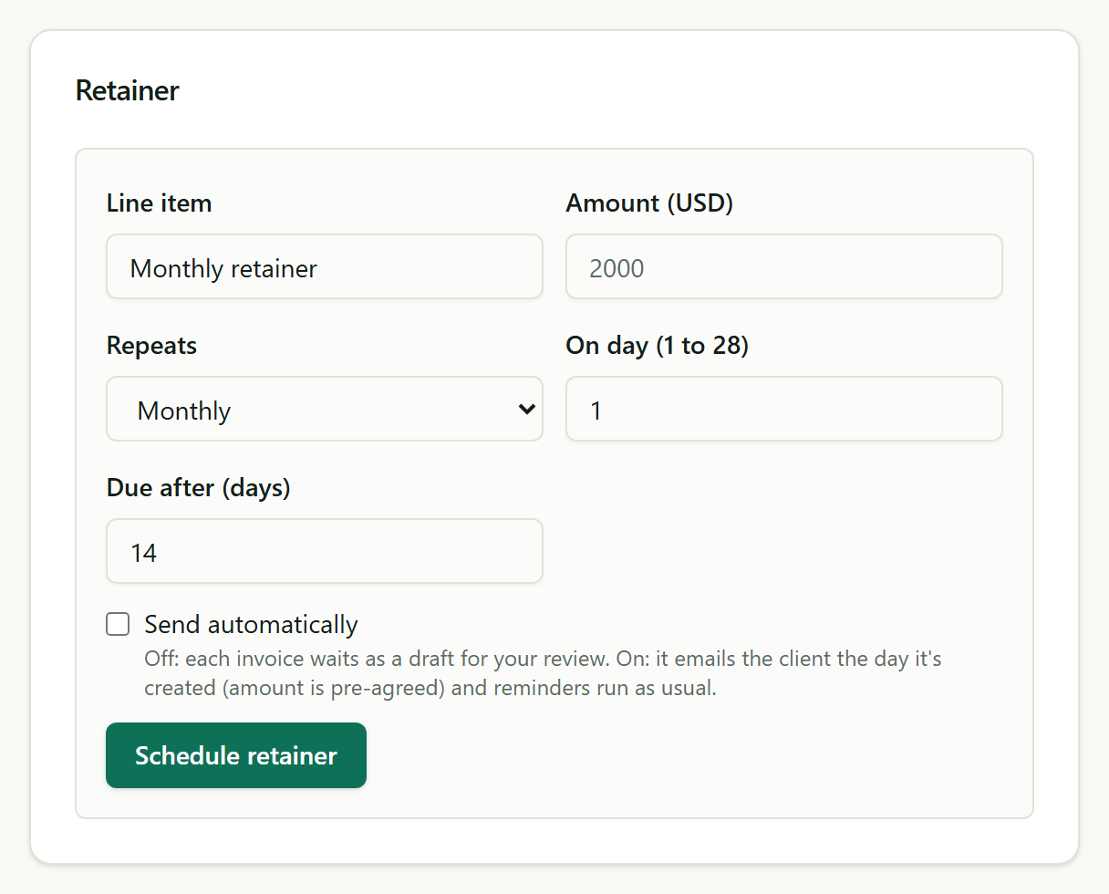 Scheduling a monthly retainer on a client