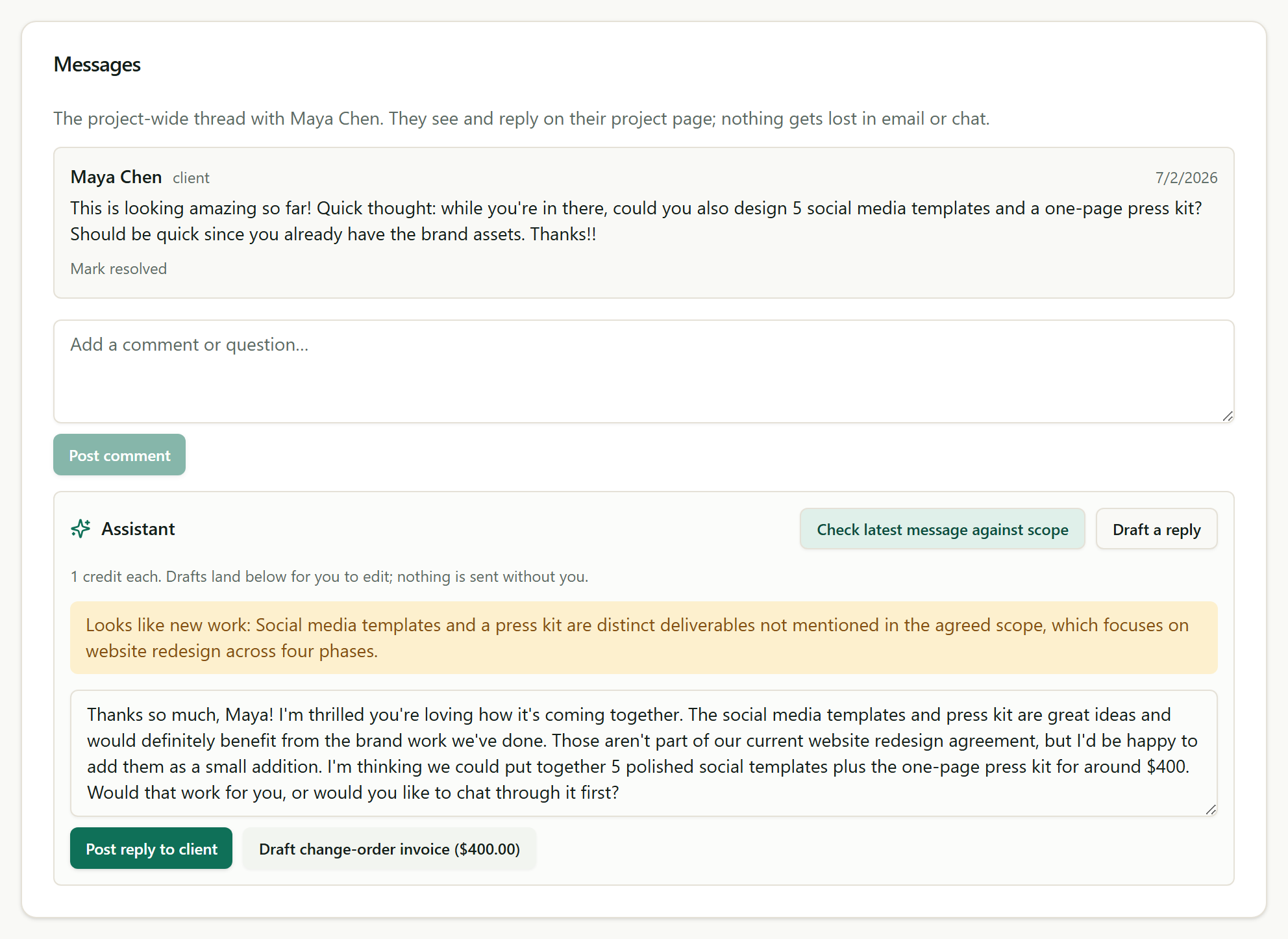 The assistant flags new work and drafts the reply and change order