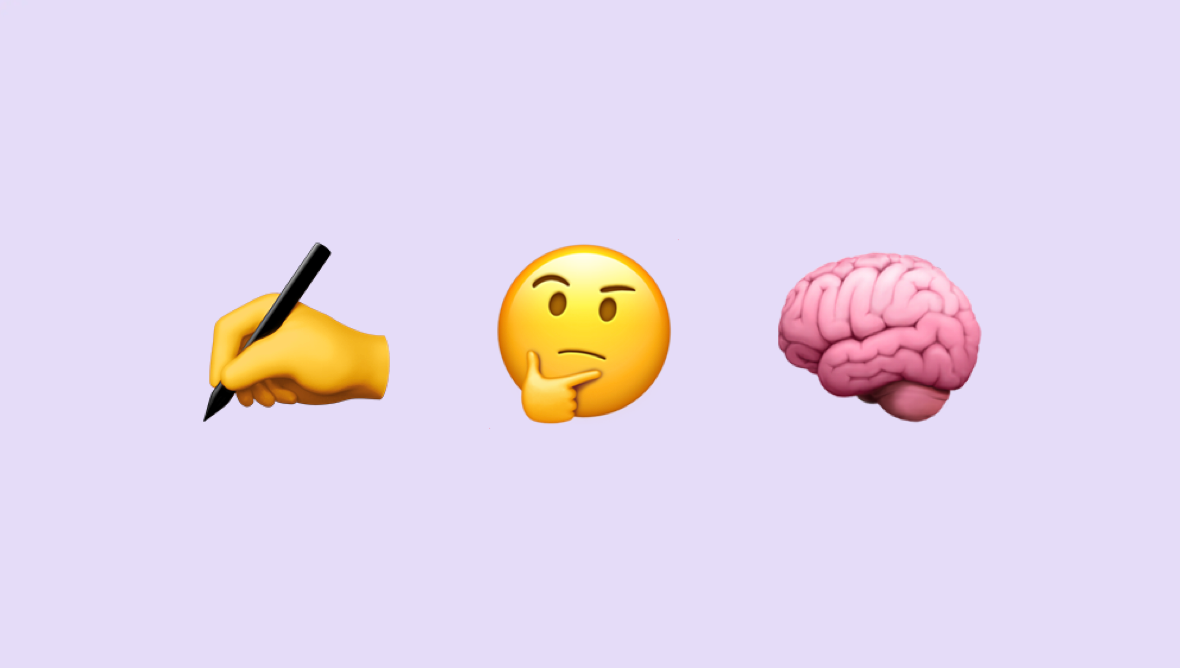 A hand holding a pen emoji, a thinking face emoji, and a brain emoji on a purple background