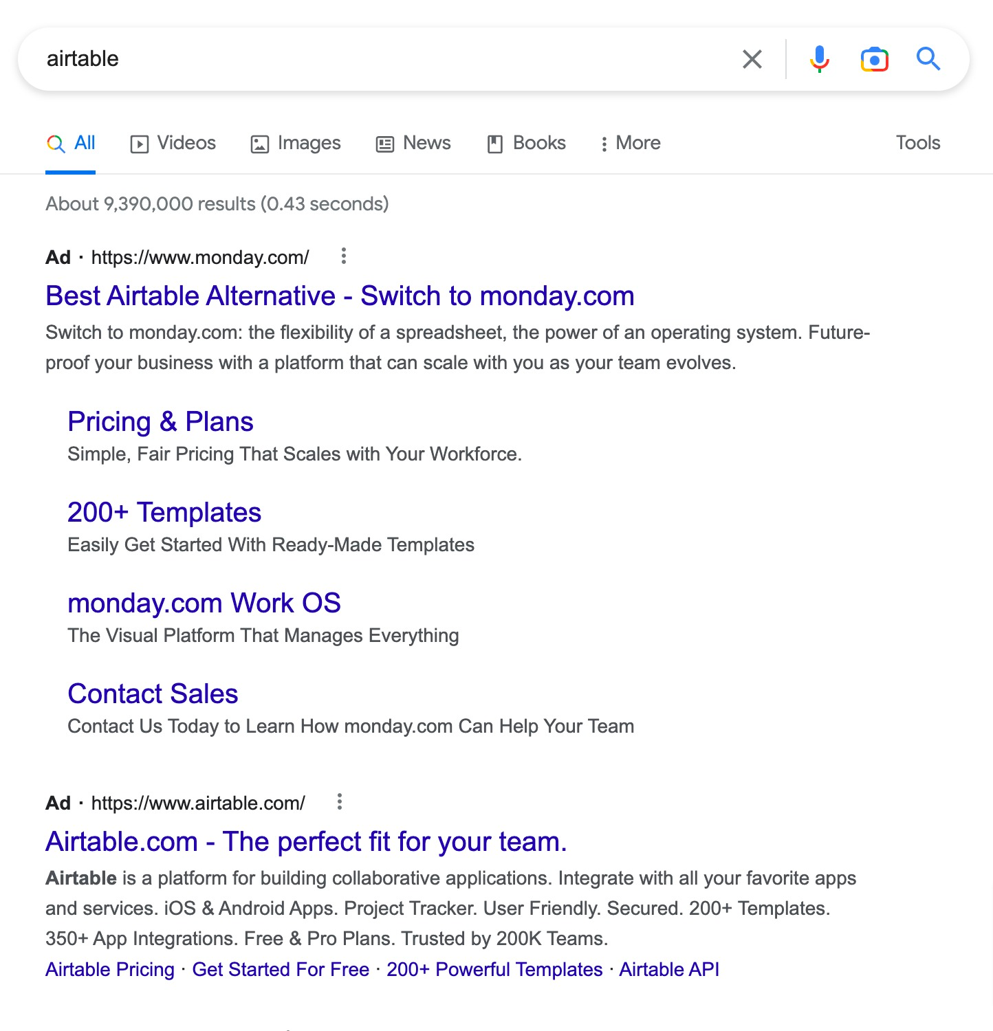 A screenshot of a Google search result for 'Airtable', showing an ad by Monday.com positioning themselves as the 'best alternative' to Airtable.