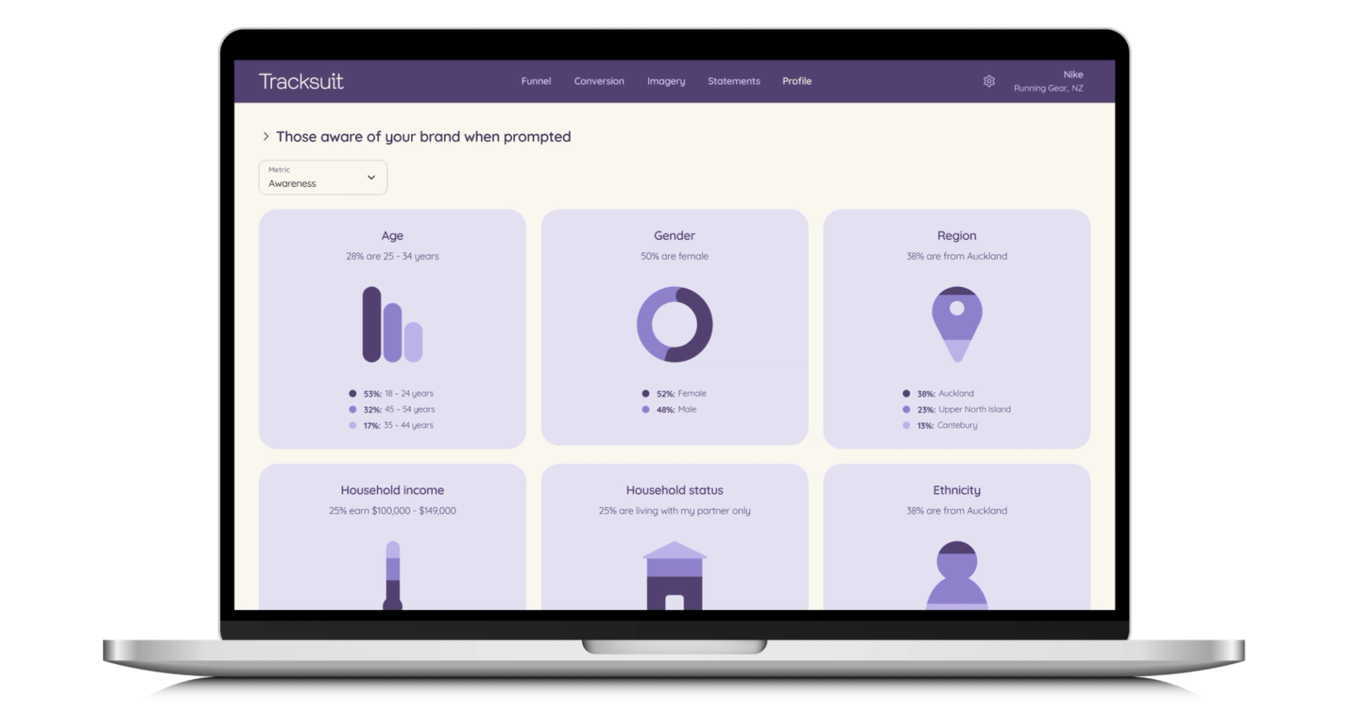 A laptop displaying the Tracksuit brand tracking dashboard, a tool for measuring and understanding brand health.
