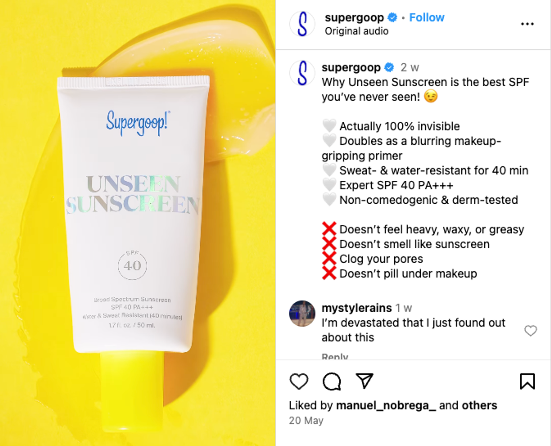 A bottle of Supergoop Unseen Sunscreen next to an Instagram post promoting the product, illustrating the brand's digital marketing strategy in the beauty industry.