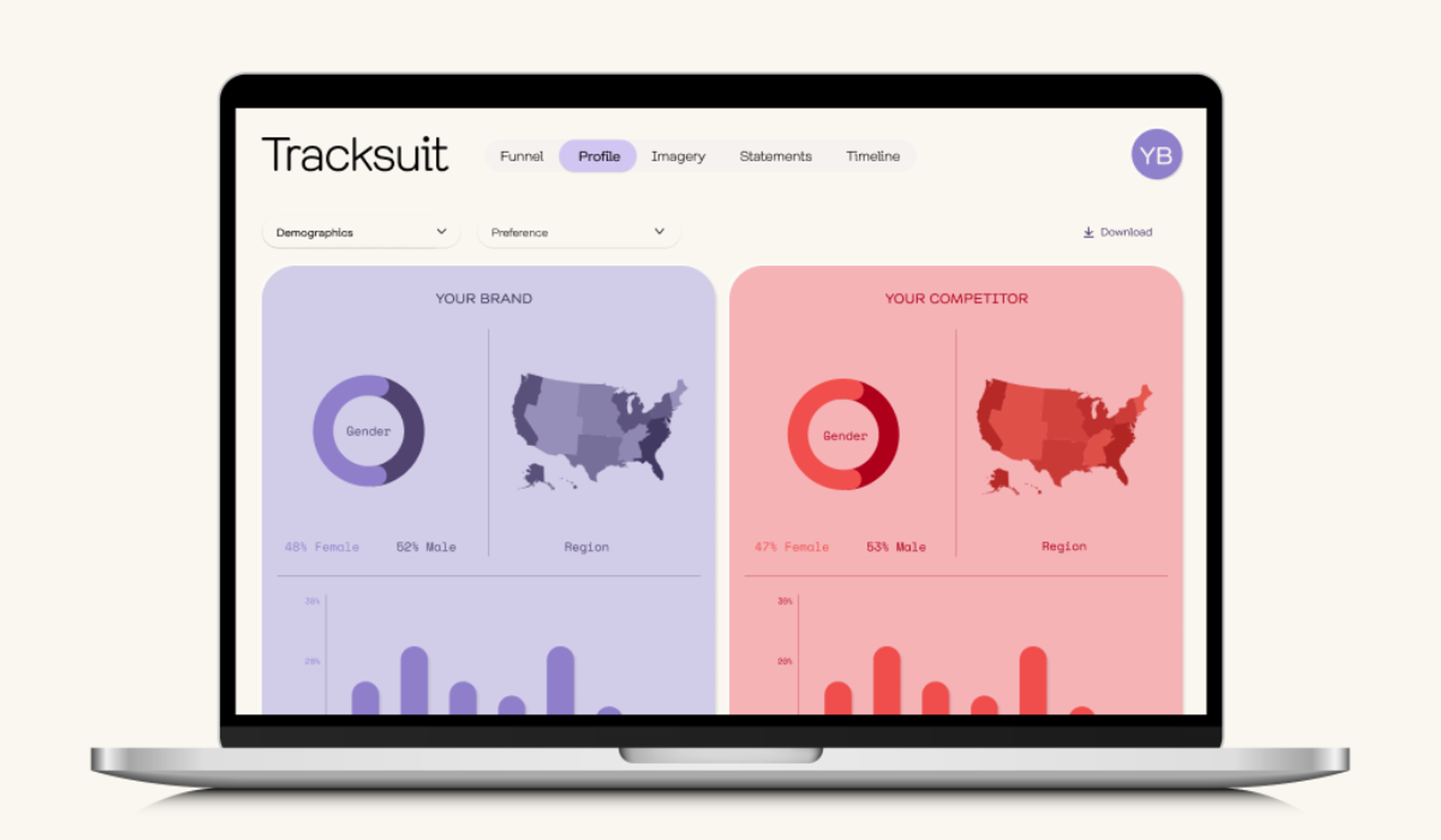 A laptop displaying the Tracksuit brand tracking dashboard, a tool for businesses to understand and improve their brand health through continuous data collection and demographic filtering.