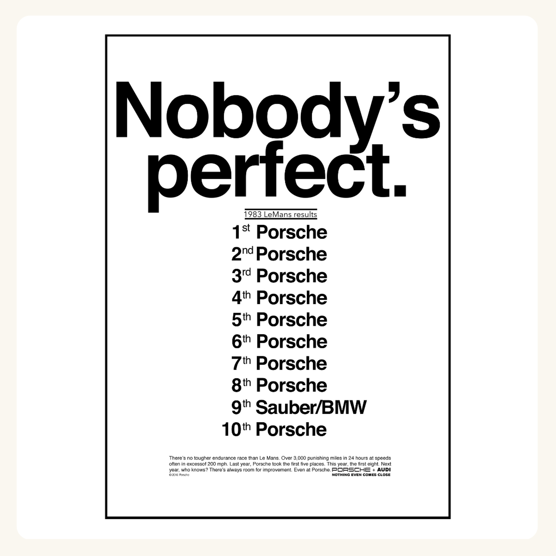 A vintage poster advertising Porsche with the text 'Nobody's Perfect', symbolizing Porsche's humility despite their significant achievements in the automotive industry.