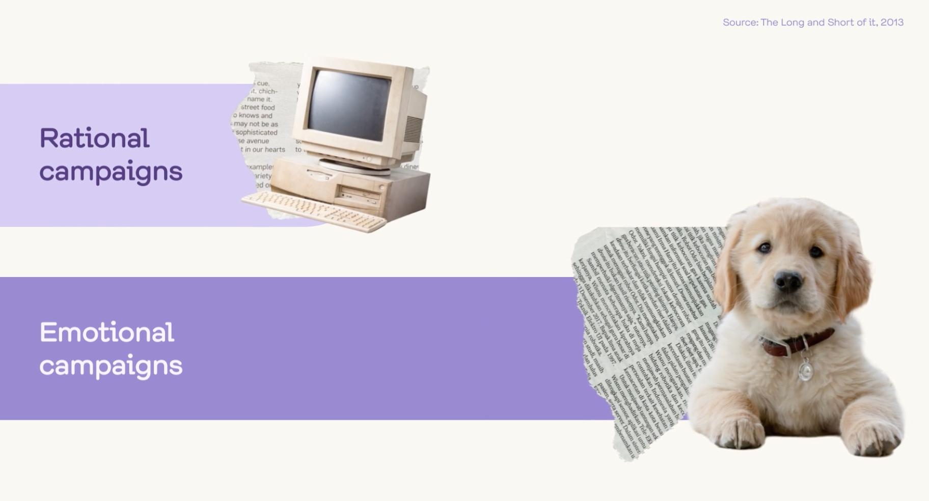 A puppy laying on a newspaper next to a computer, symbolizing the comparison between rational and emotional advertising campaigns