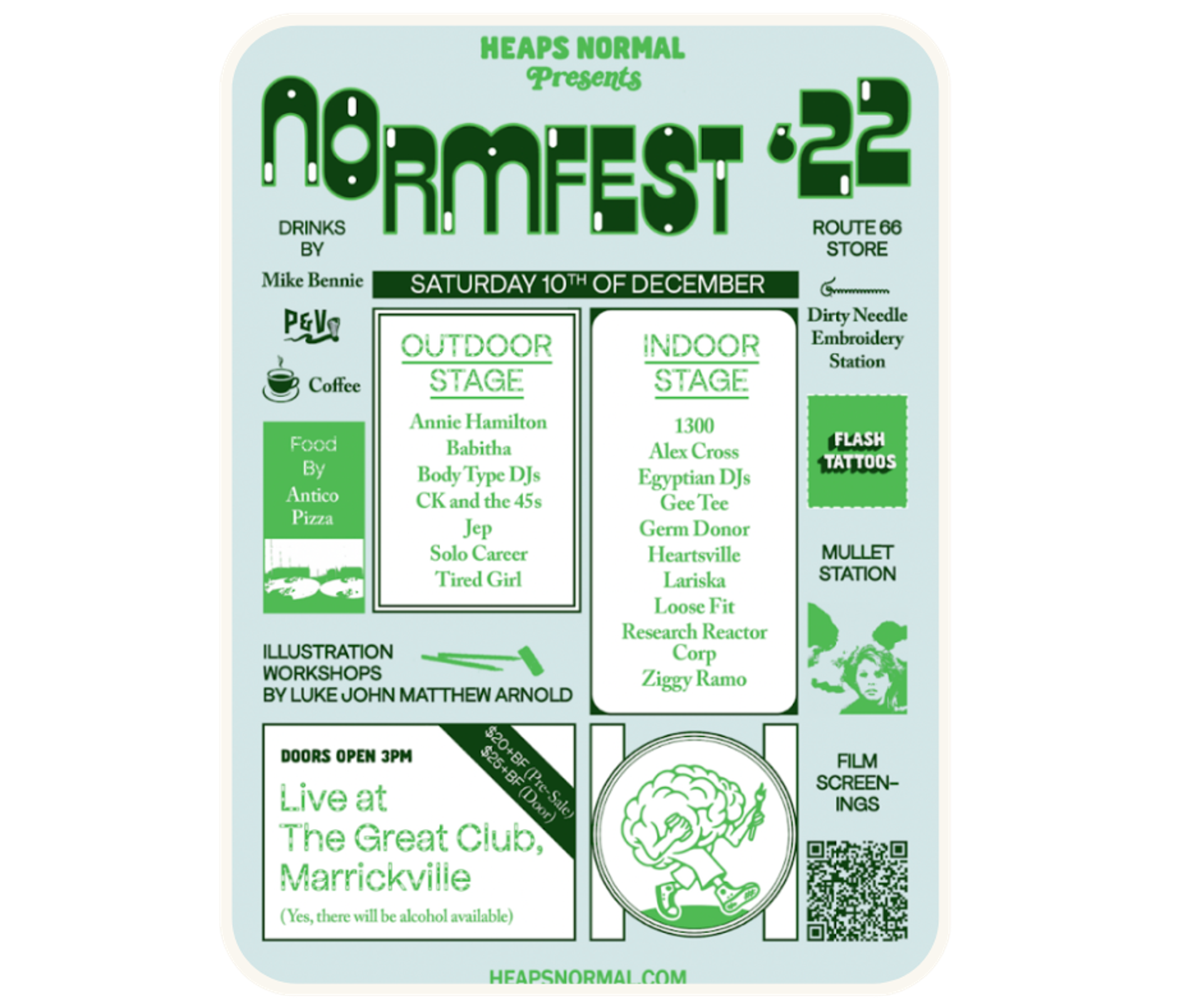 A promotional poster for Normfest '22, an event celebrating music, art, food, and non-alcoholic drinks, taking place on Saturday, December 10th
