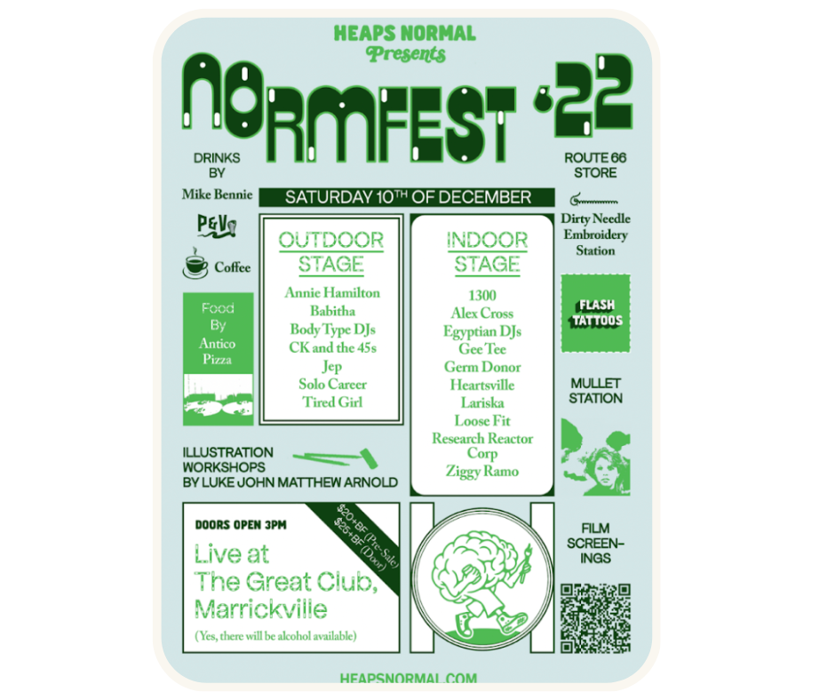 A promotional poster for Normfest '22, an event celebrating music, art, food, and non-alcoholic drinks, taking place on Saturday, December 10th