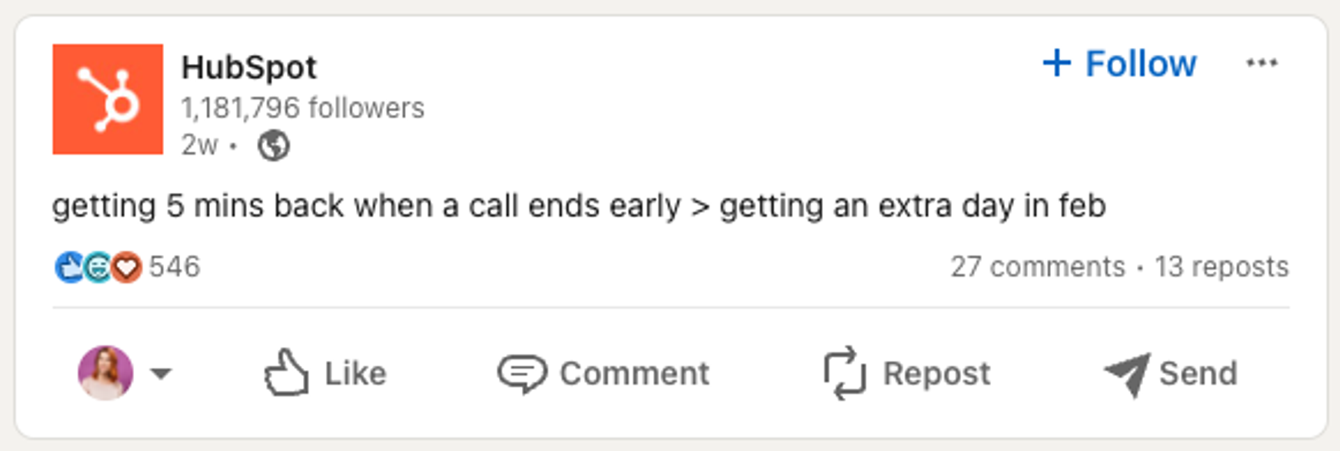 A screenshot of a Hubspot page displaying a relatable message about gaining 5 minutes back when a call ends early and getting an extra day in February, illustrating a shift in Hubspot's brand voice towards more relatable and human-centric content.