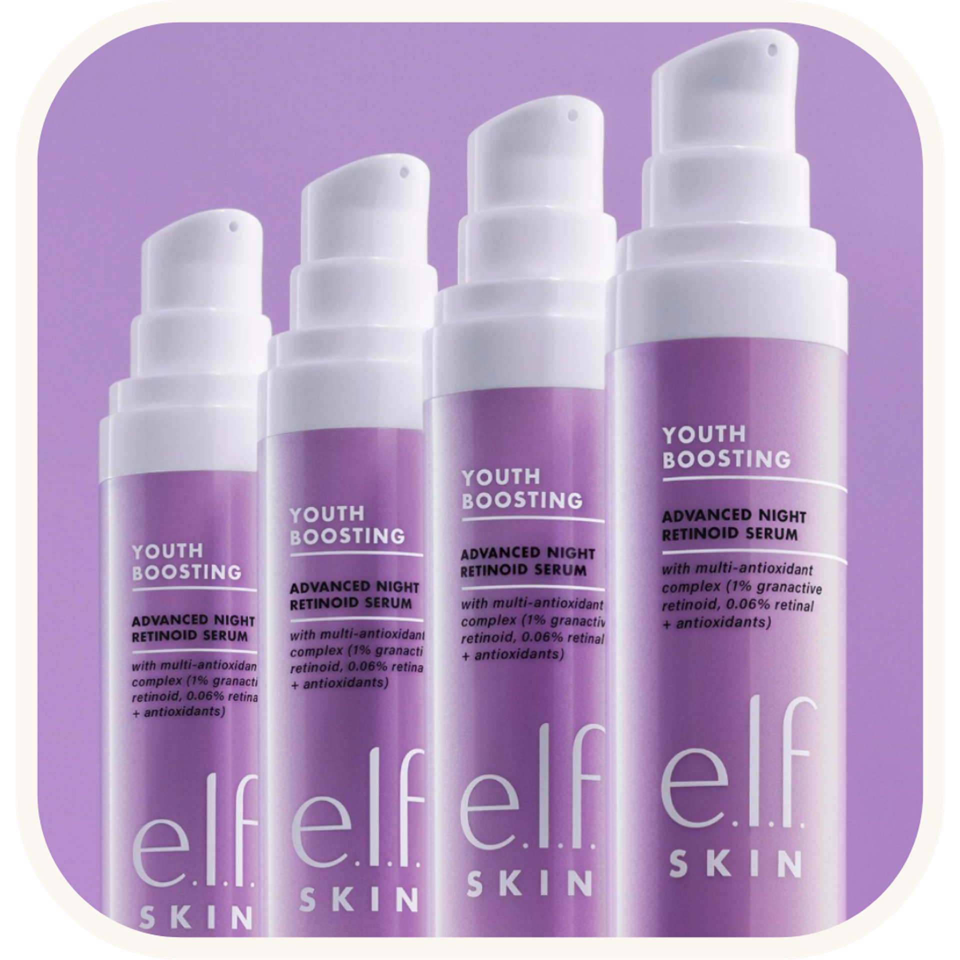 Four bottles of e.l.f Skin Youth Boosting Advanced Night Retinoid Serum, a skincare product designed to rejuvenate and protect the skin during sleep.
