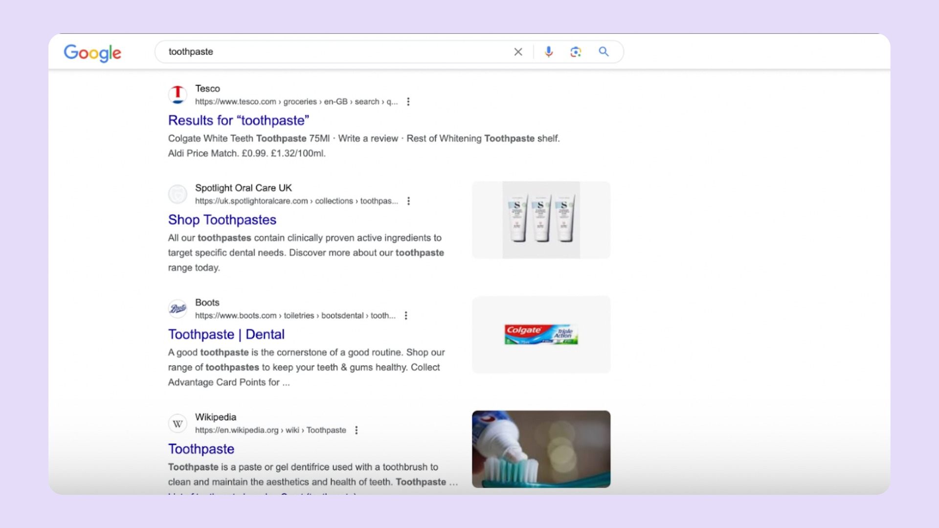 A screenshot of a Google search result page for 'toothpaste', illustrating the concept of unaided brand awareness in a marketing context