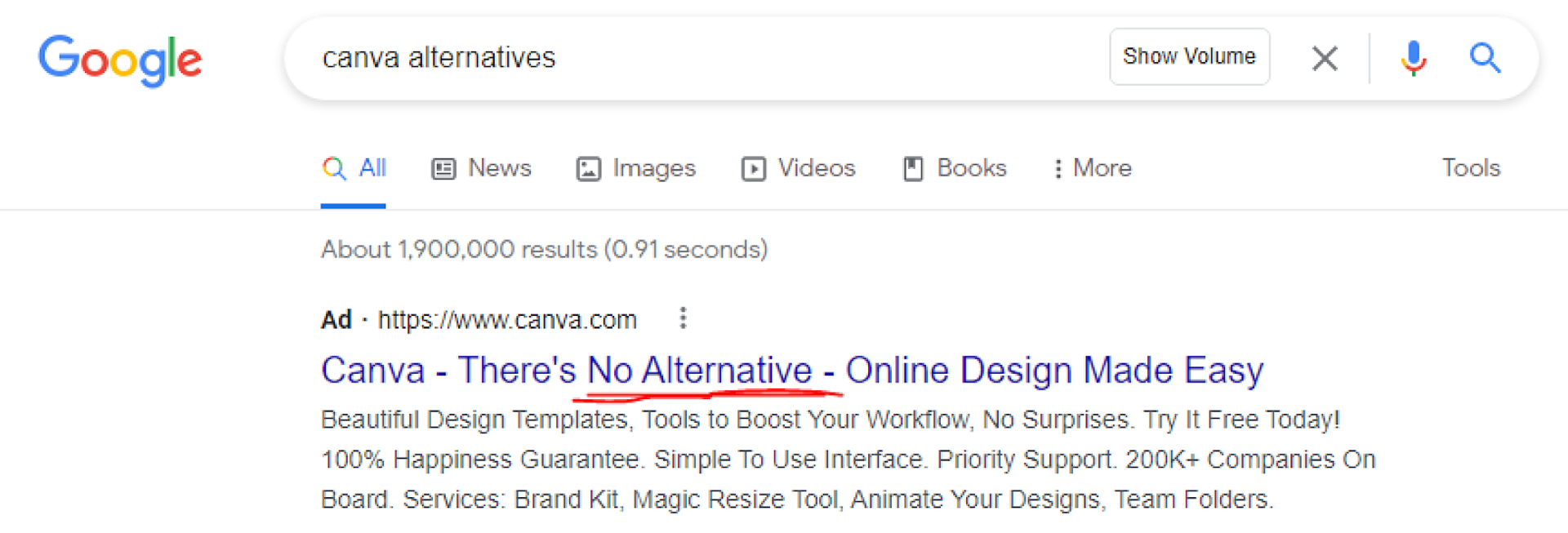A screenshot of a Google search result for 'Canva alternatives', displaying a message that there are no alternative online design platforms that are as easy to use as Canva.