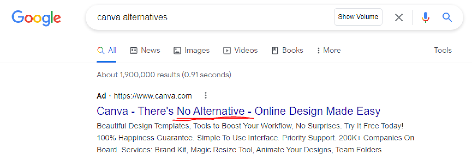 A screenshot of a Google search result for 'Canva alternatives', displaying a message that there are no alternative online design platforms that are as easy to use as Canva.