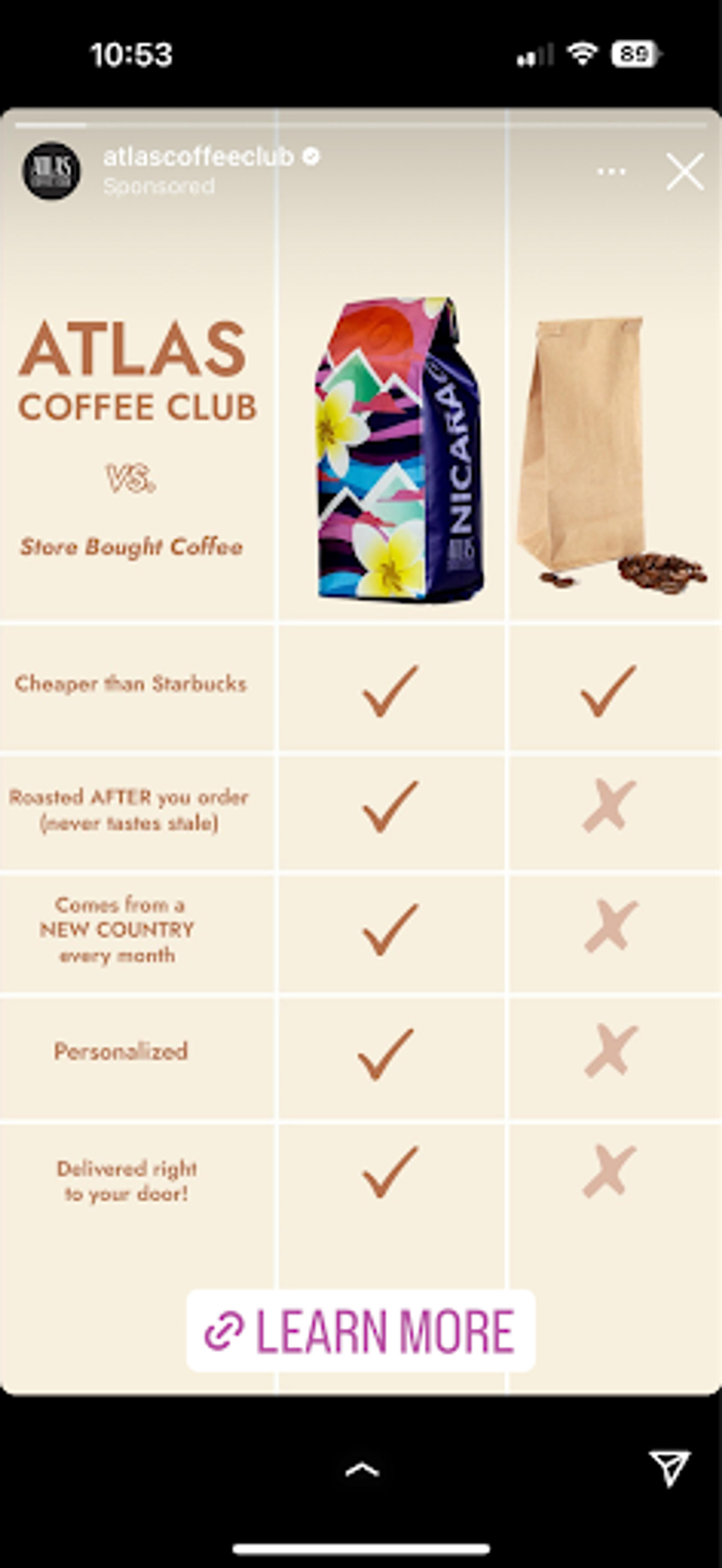 A digital advertisement for Atlas Coffee Club comparing their coffee subscription service to regular, store-bought coffee.