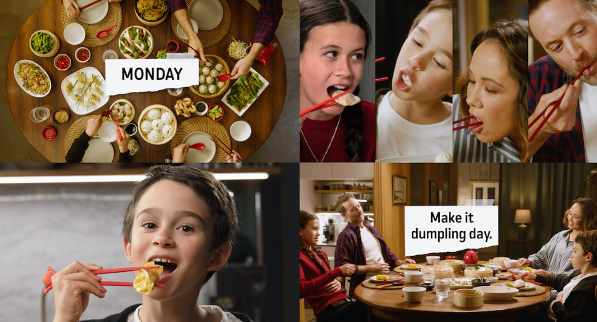 A collage of people enjoying Mr. Chen's dumplings as part of the 'Make It Dumpling Day' campaign, promoting the tradition and authenticity of the family-owned business.