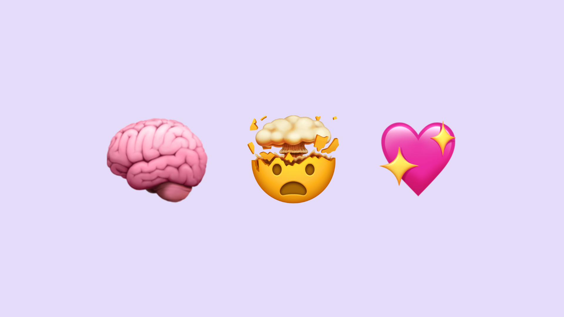 Brain emoji, smiley face emoji and a heart emoji on a purple background 