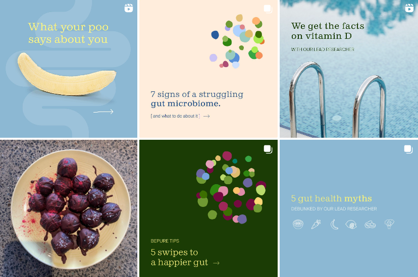 A collage of various images related to gut health and wellness, symbolizing BePure's focus on everyday health and wellness through their scientifically backed supplements.