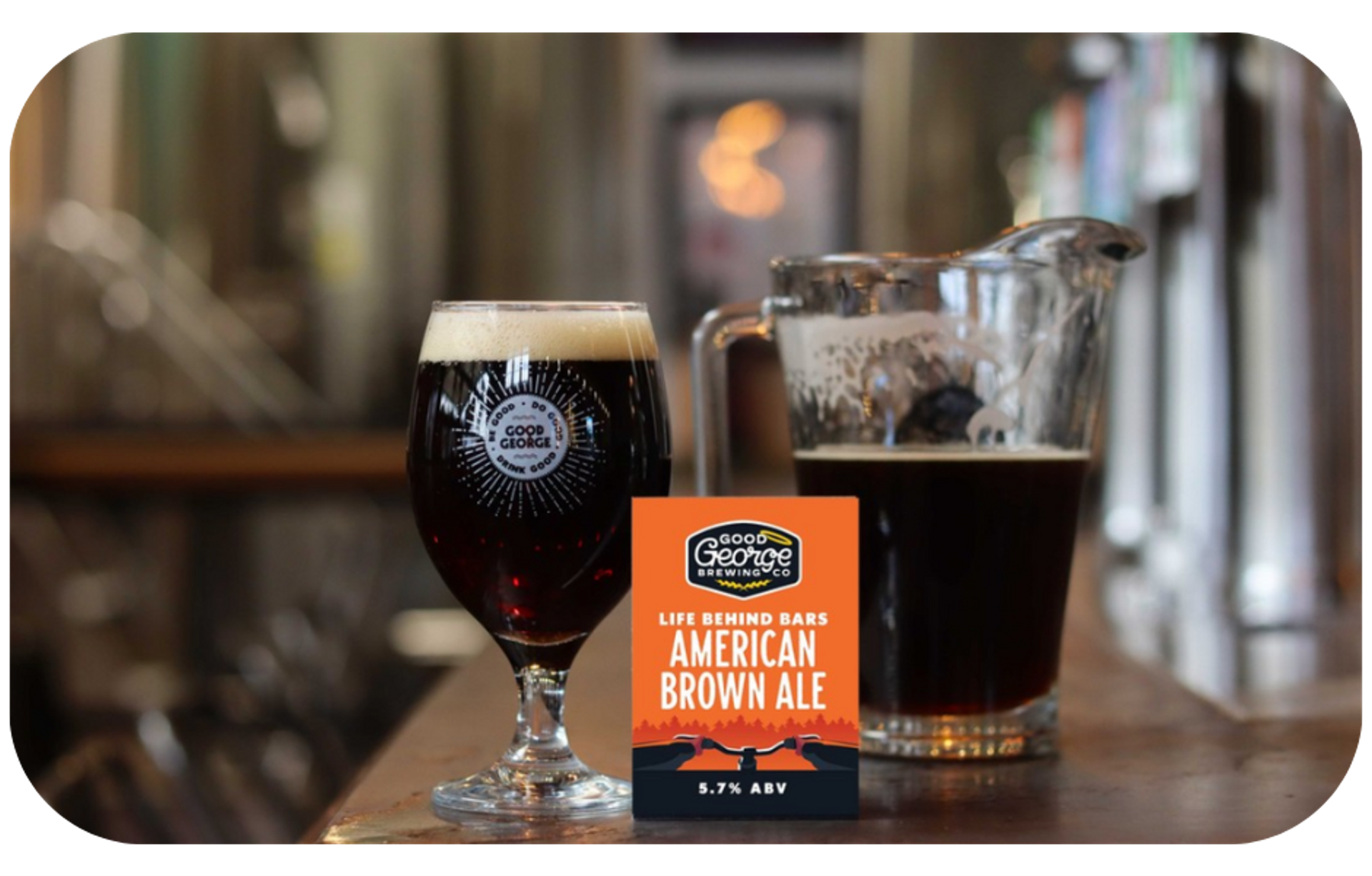 A glass of American Brown Ale beer next to a pitcher, representing a product from Good George Brewing's social media campaign