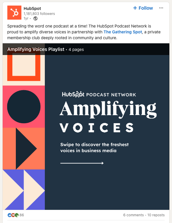 An advertisement for Hubspot Podcast Network promoting the amplification of diverse voices, reflecting the brand's commitment to inclusivity and diversity in content creation.