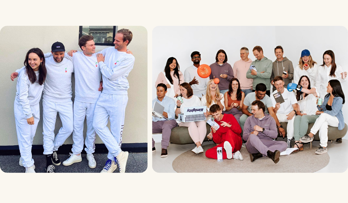 Tracksuit's team members standing and sitting together in a casual setting, symbolizing their unity and collaborative spirit in their mission to revolutionize brand marketing