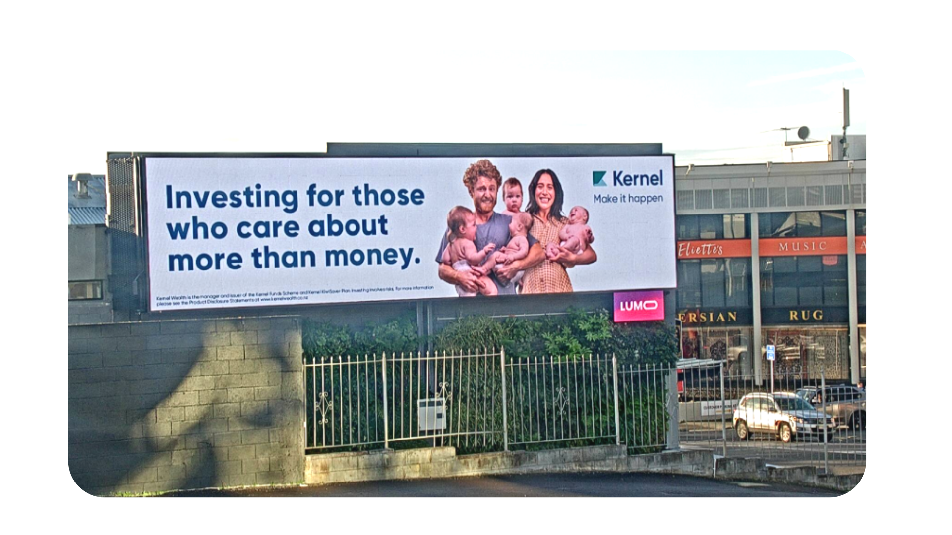 A billboard promoting Kernel Wealth's brand message, 'Investing for those who care about more than money', as part of their brand marketing campaign to increase financial literacy and wellbeing.