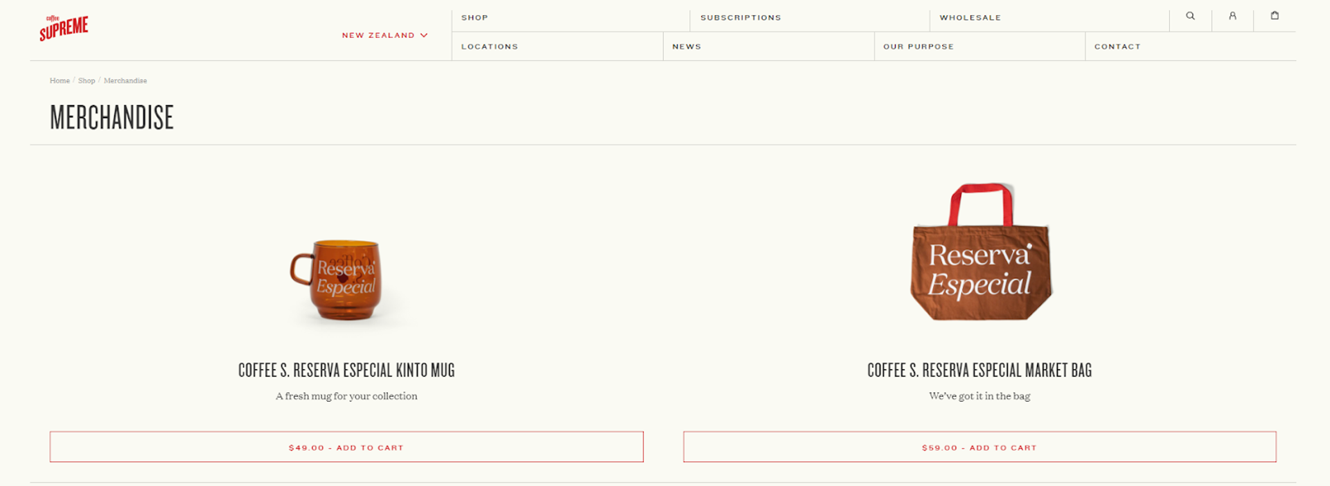 A screenshot of Coffee Supreme's merchandise page on their website, showcasing various branded items like key rings, hats, jackets, pens, and hoodies available for purchase.